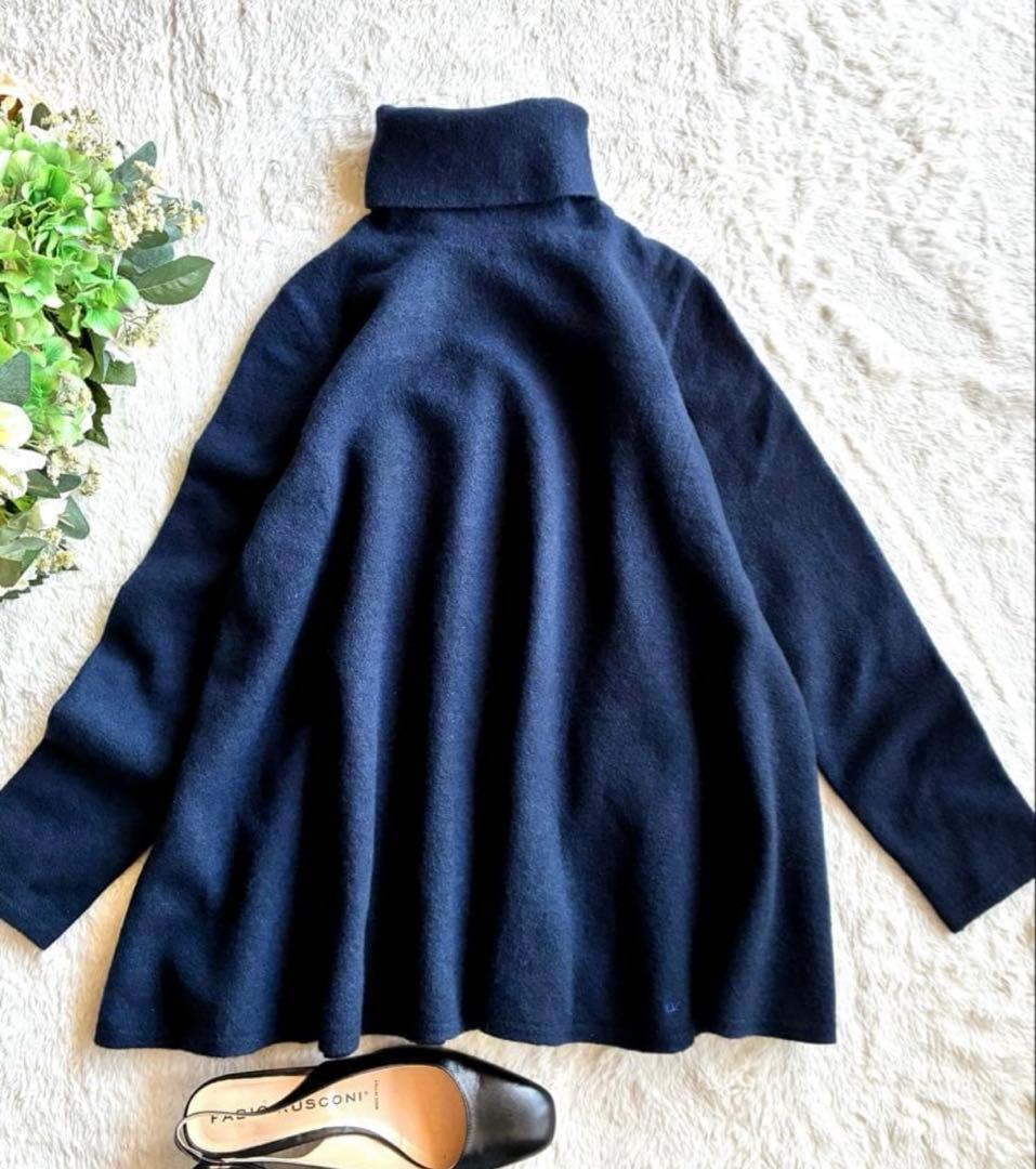 45R ウール100％ フロート縮絨ハイネックニットフレアチュニック極美品