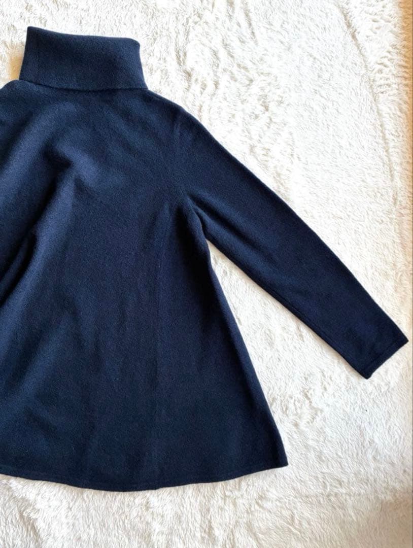 45R ウール100％ フロート縮絨ハイネックニットフレアチュニック極美品