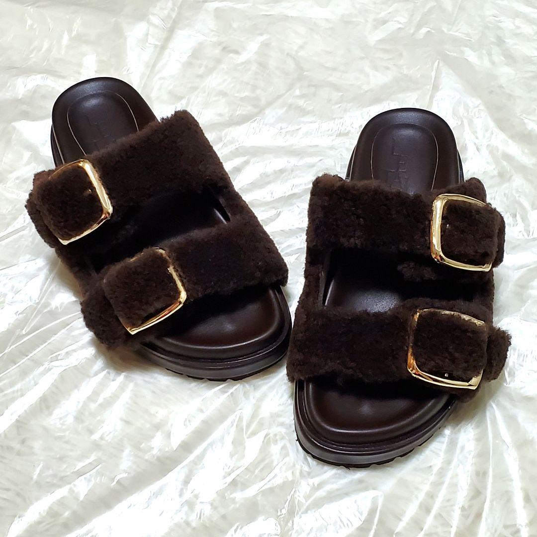 ■LE TALON レザー ボアベルト サンダル ブラウン S 美品