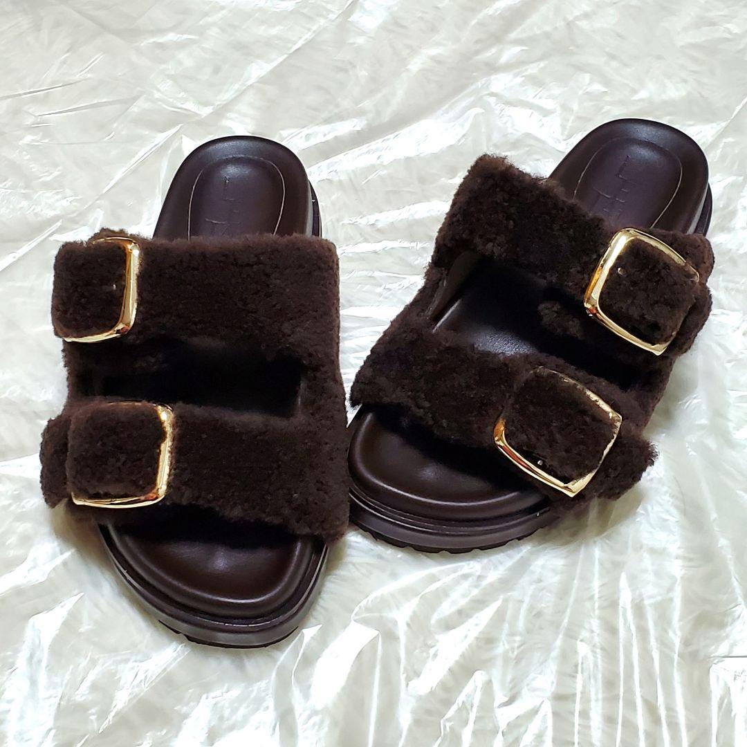 ■LE TALON レザー ボアベルト サンダル ブラウン S 美品