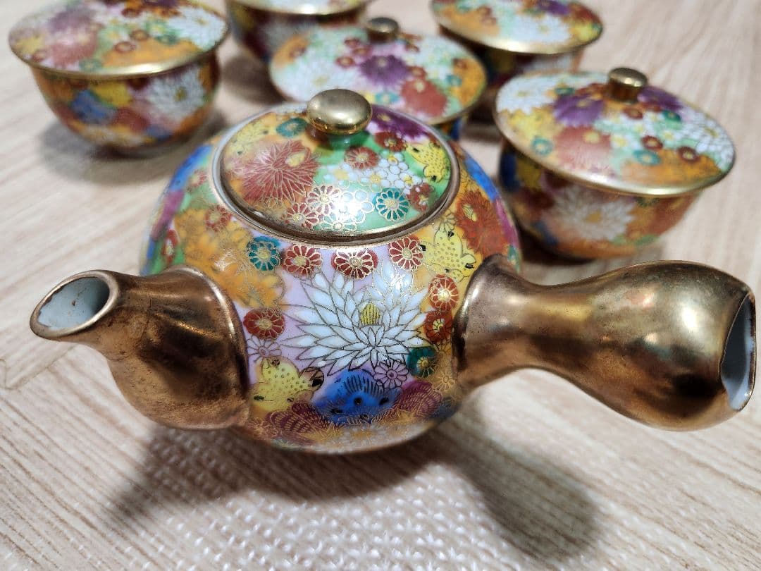 九谷焼 九谷光峰 花詰/菊詰 金彩 茶器揃 5客 湯呑茶碗/急須 食器