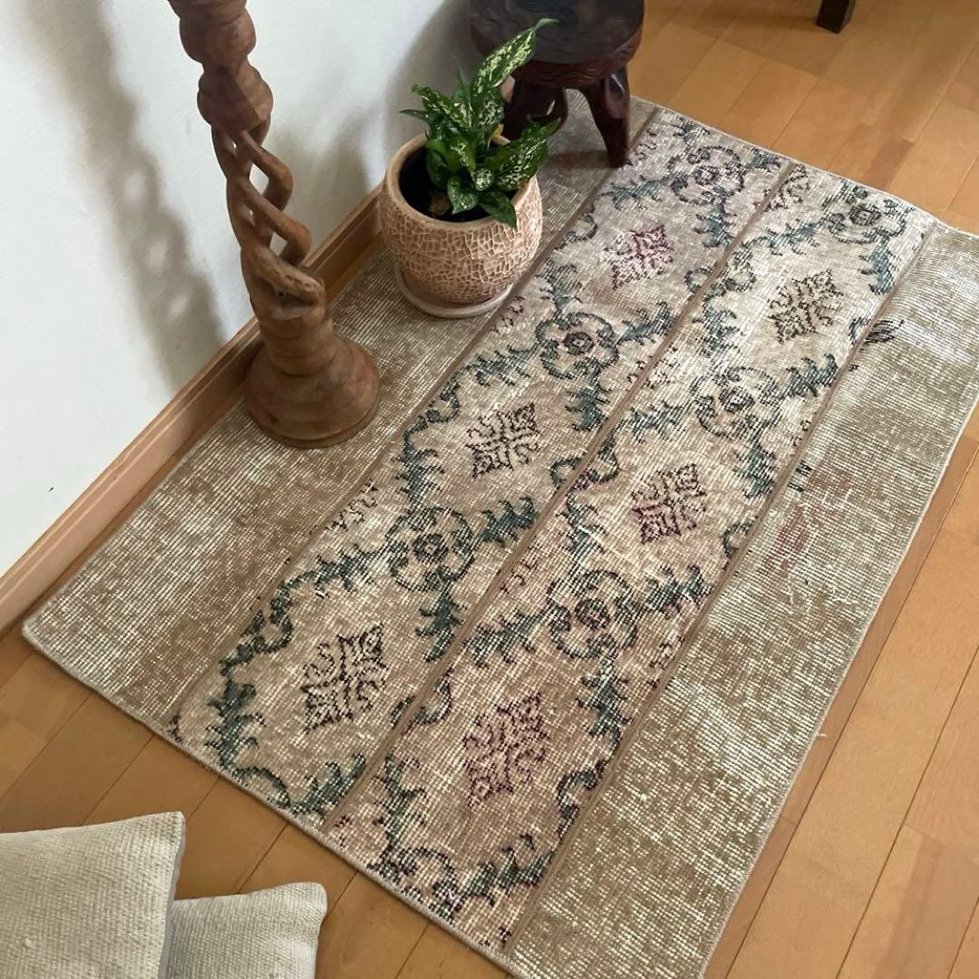 68.5×98 ベージュボタニカル　パッチワーク　トルコヴィンテージラグ