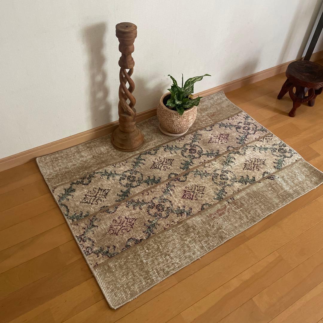 68.5×98 ベージュボタニカル　パッチワーク　トルコヴィンテージラグ