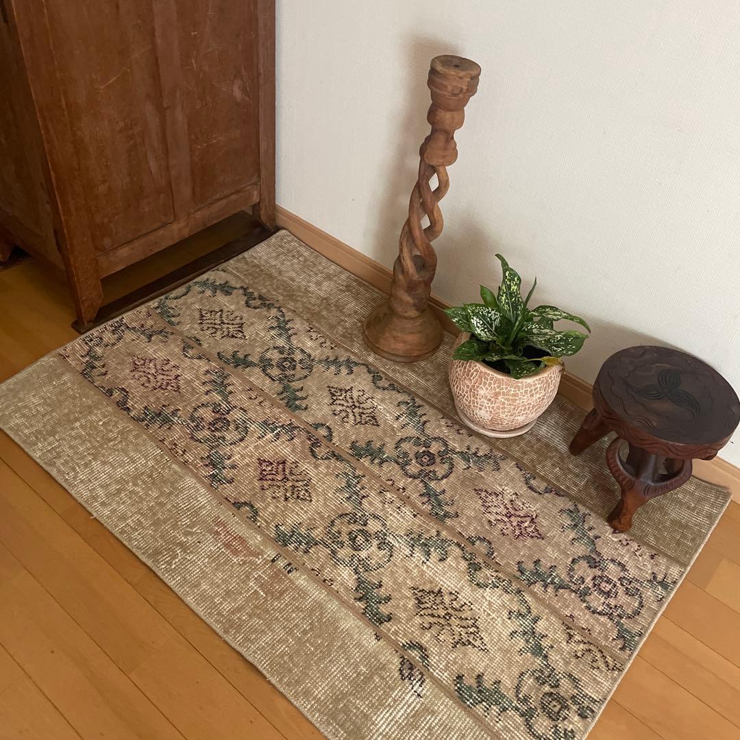 68.5×98 ベージュボタニカル　パッチワーク　トルコヴィンテージラグ