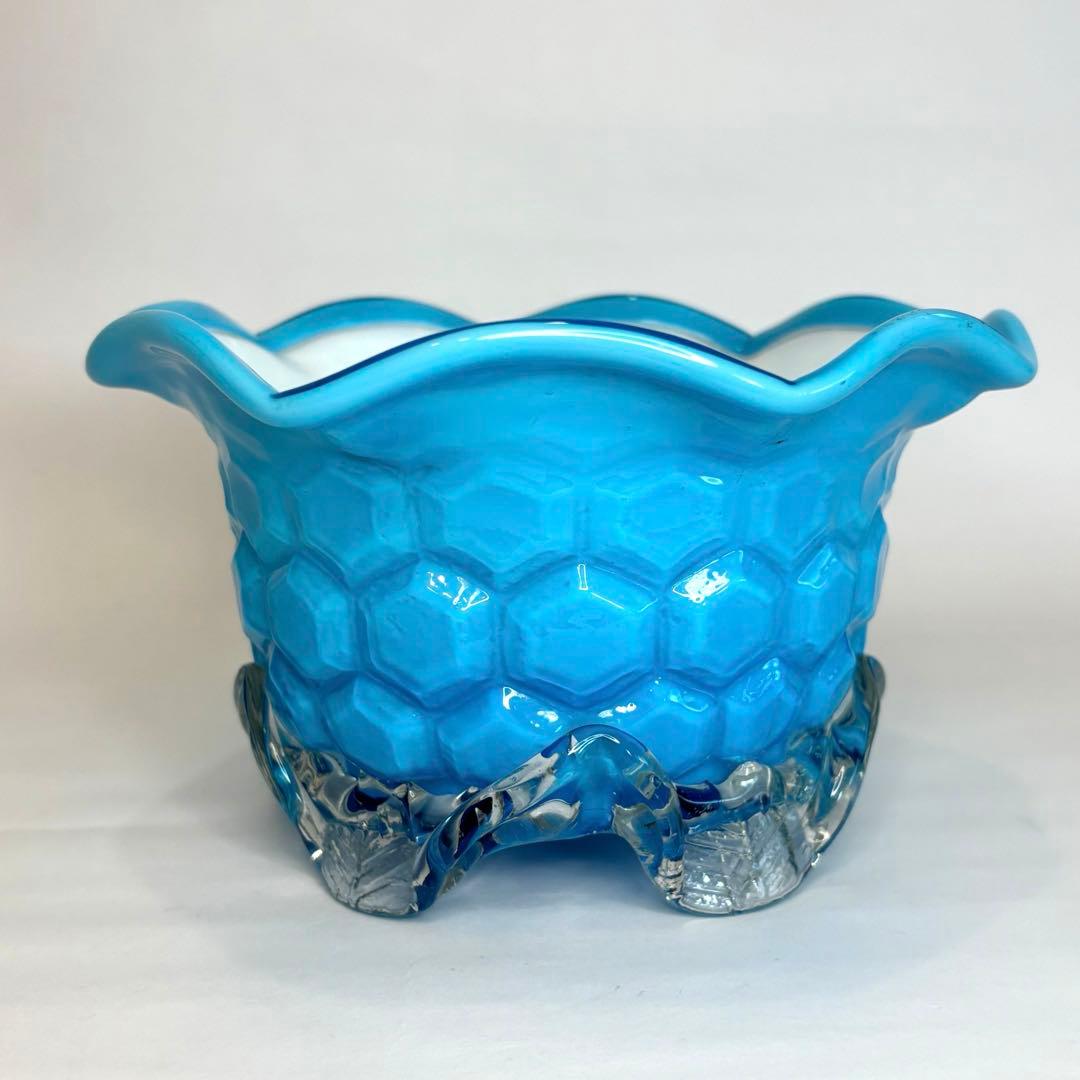 昔ガラス　アンティーク　花縁　フリル　亀甲紋様　ガラス　コンポート　ブルー