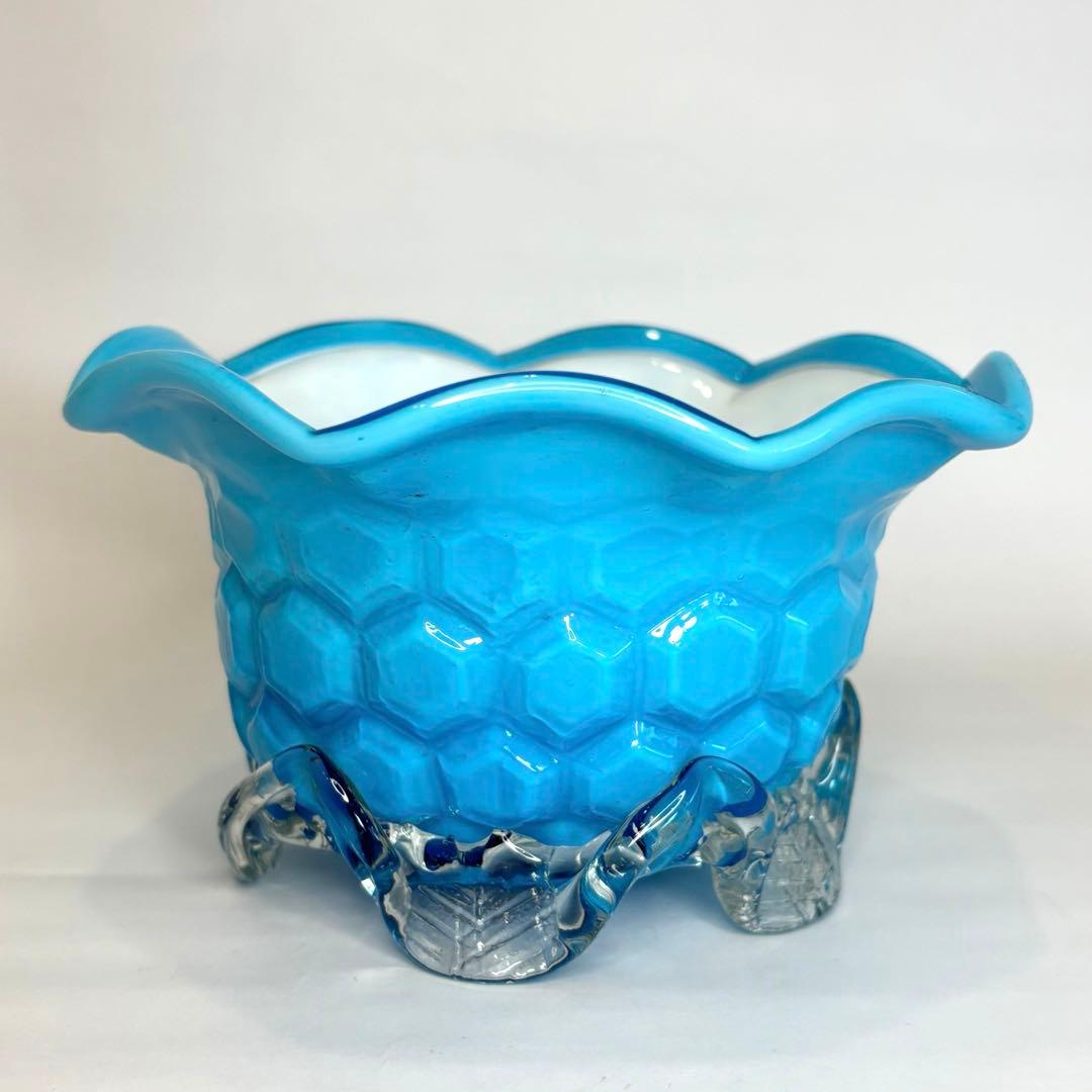 昔ガラス　アンティーク　花縁　フリル　亀甲紋様　ガラス　コンポート　ブルー