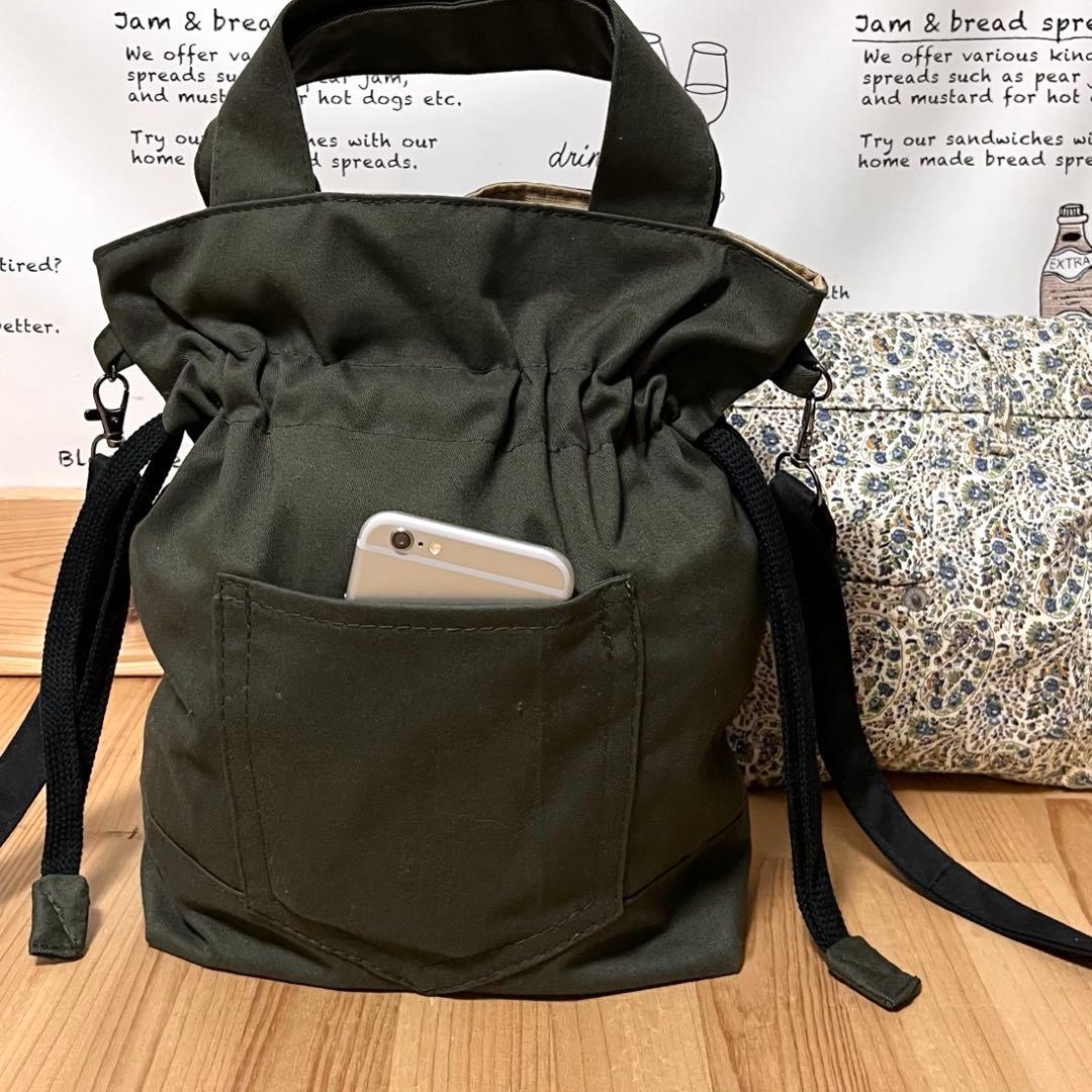 デニムリメイク タータンチェック 黄赤紺 巾着 ショルダーバッグ★ハンドメイドM