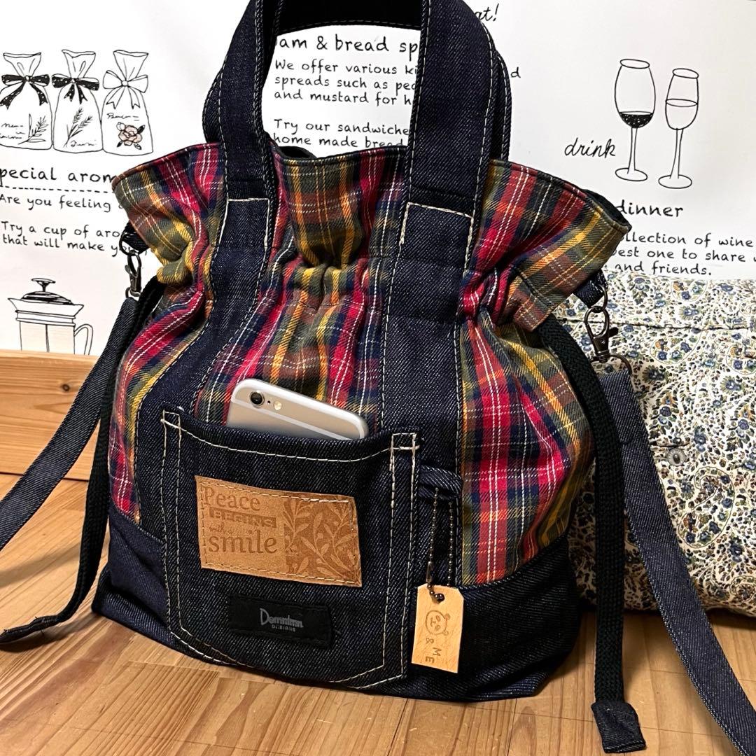 デニムリメイク タータンチェック 黄赤紺 巾着 ショルダーバッグ★ハンドメイドM