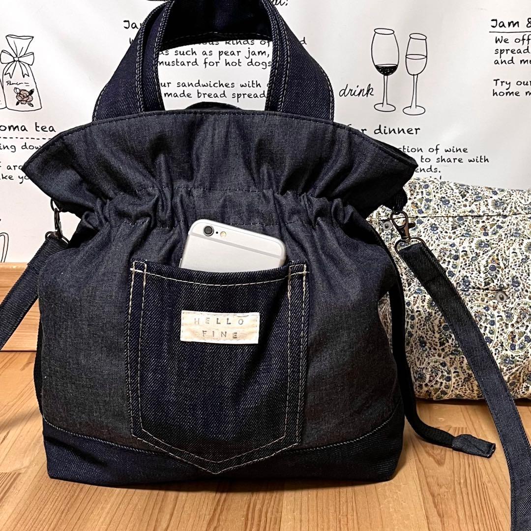 デニムリメイク タータンチェック 黄赤紺 巾着 ショルダーバッグ★ハンドメイドM