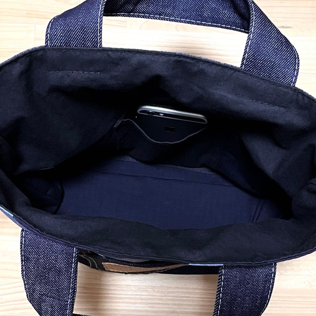 デニムリメイク タータンチェック 黄赤紺 巾着 ショルダーバッグ★ハンドメイドM