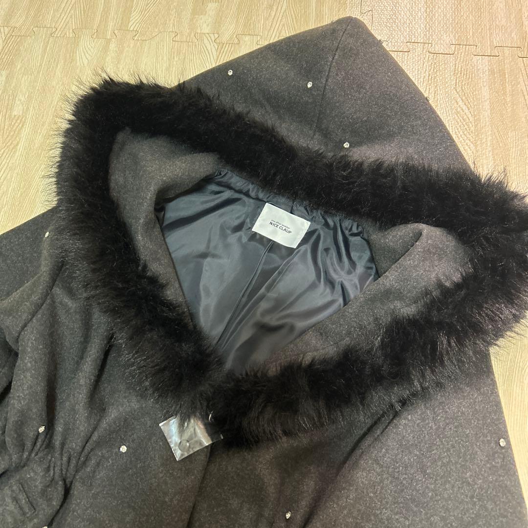 新品 フードフェイクファービジューミドルコート nice clupナイスクラップ
