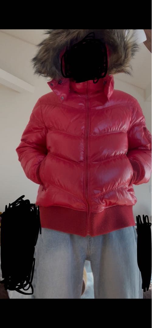 オールドユニクロ　ファー、フード取り外し可　短丈　ダウンジャケット　レッド　光沢