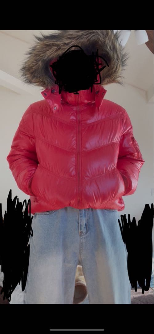 オールドユニクロ　ファー、フード取り外し可　短丈　ダウンジャケット　レッド　光沢