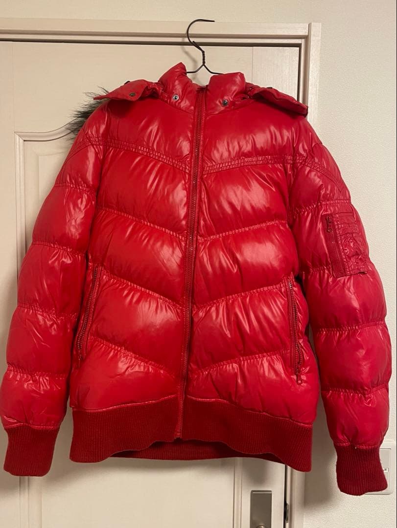 オールドユニクロ　ファー、フード取り外し可　短丈　ダウンジャケット　レッド　光沢