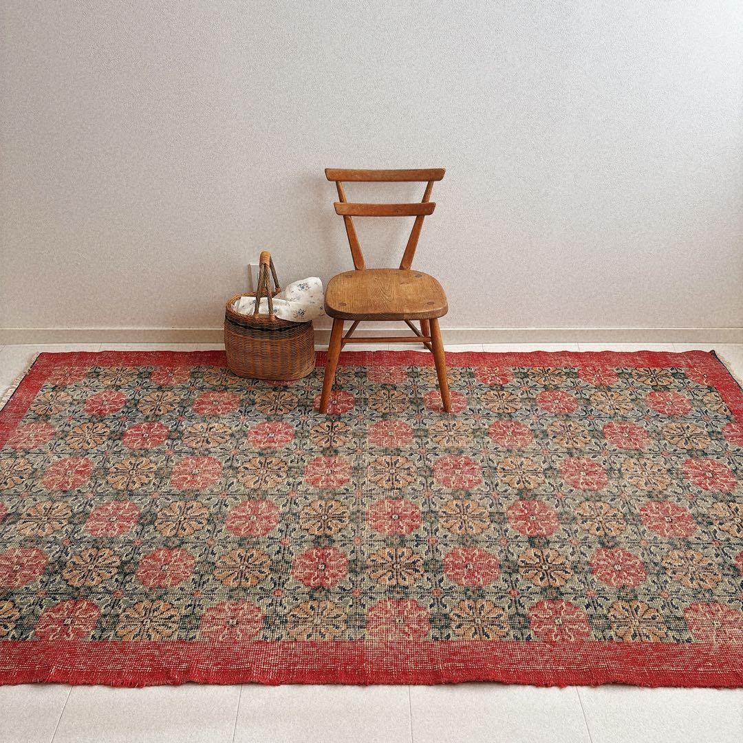 トルコ　ヴィンテージラグ　ピンク　グリーン