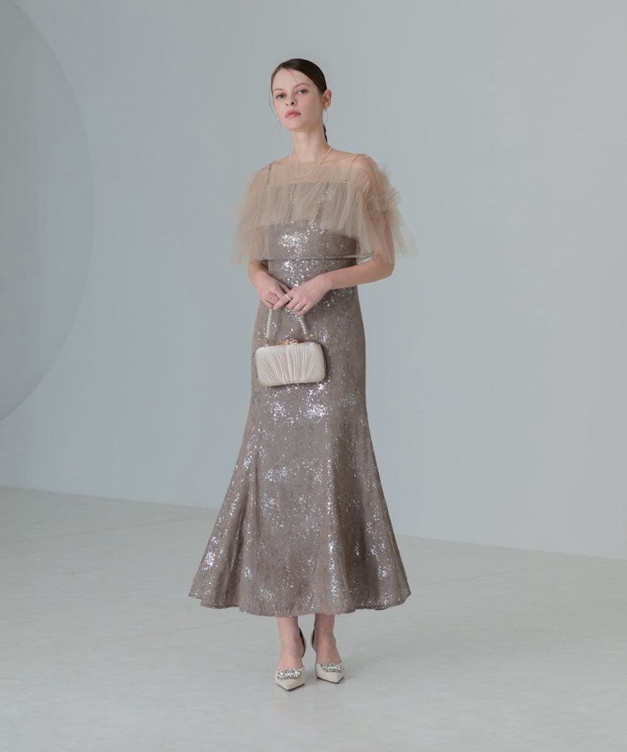 LEJA チュールフリルボレロペイントマーメイドドレス グレー　M