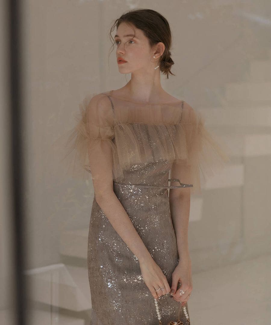 LEJA チュールフリルボレロペイントマーメイドドレス グレー　M