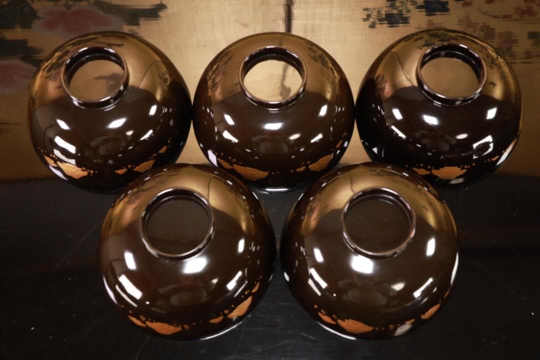 Akiko　輪島塗　図替わり　草花蒔絵　吸物椀　五客　木製　BJ118