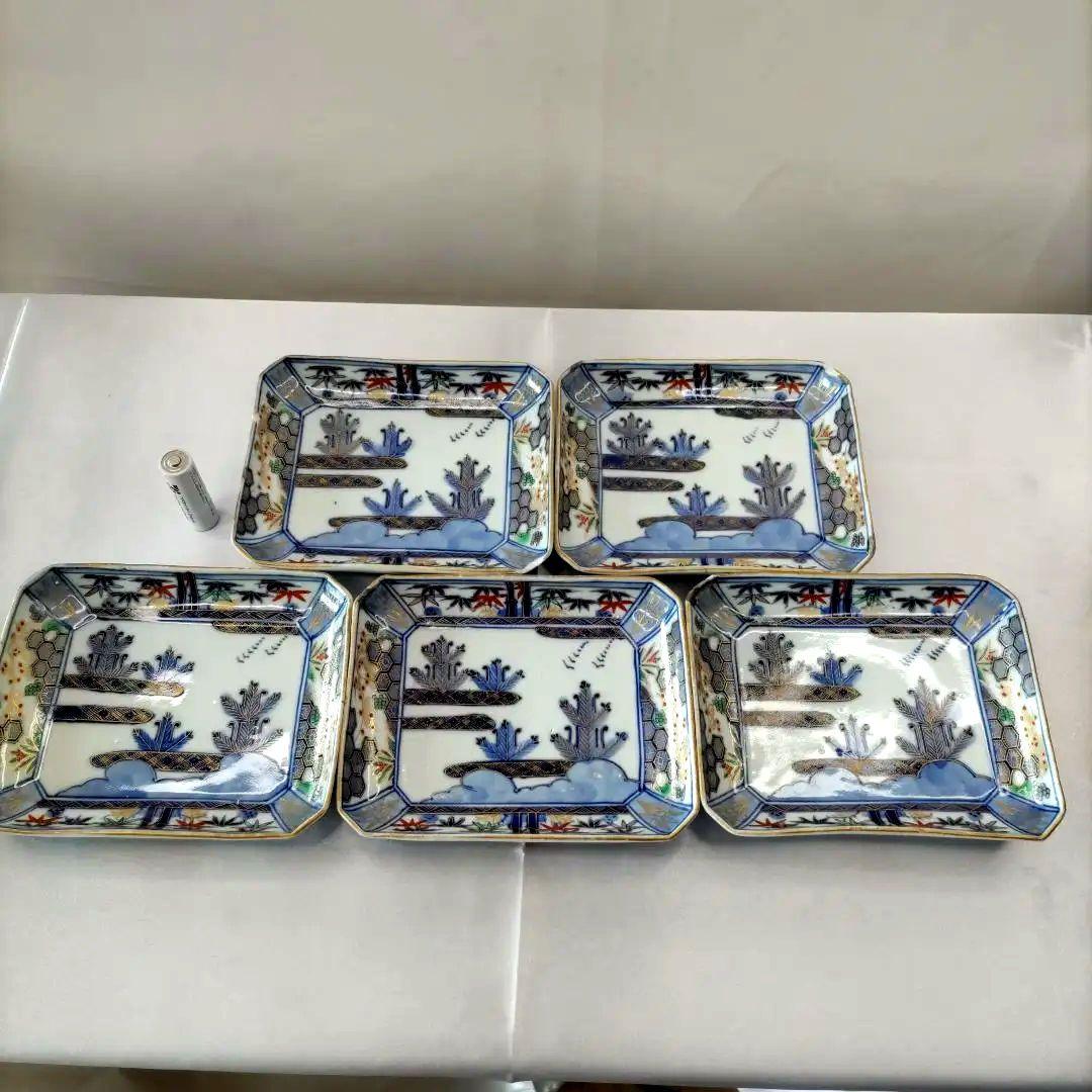 骨董　有田焼　伊万里焼　古伊万里　金彩　色絵　小皿　長角皿　角皿　5客セット