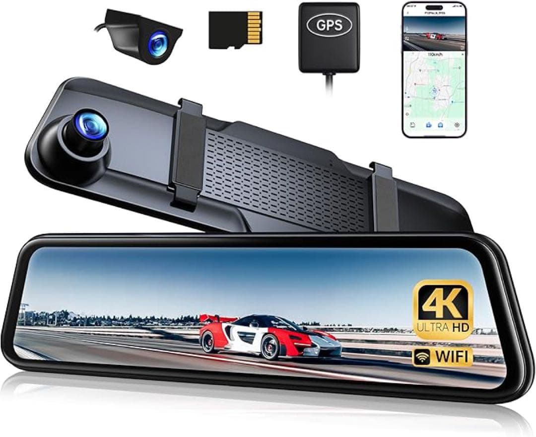 ドライブレコーダー ミラー型 前後カメラ 4K 800万画素 タッチ式 GPS