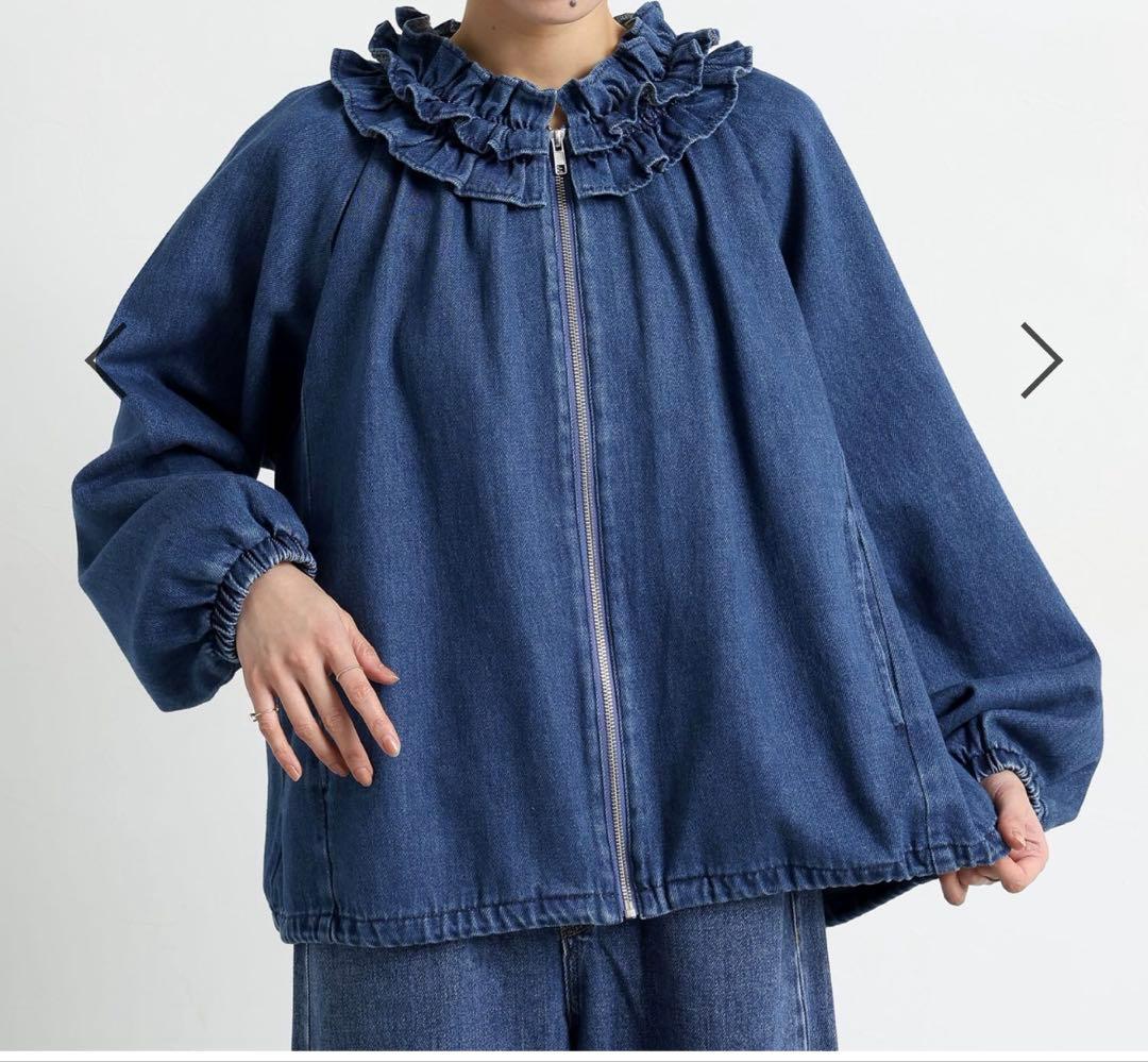 新品　スタディオクリップ フリルカラー甘織デニムシャツブルゾン ブルー