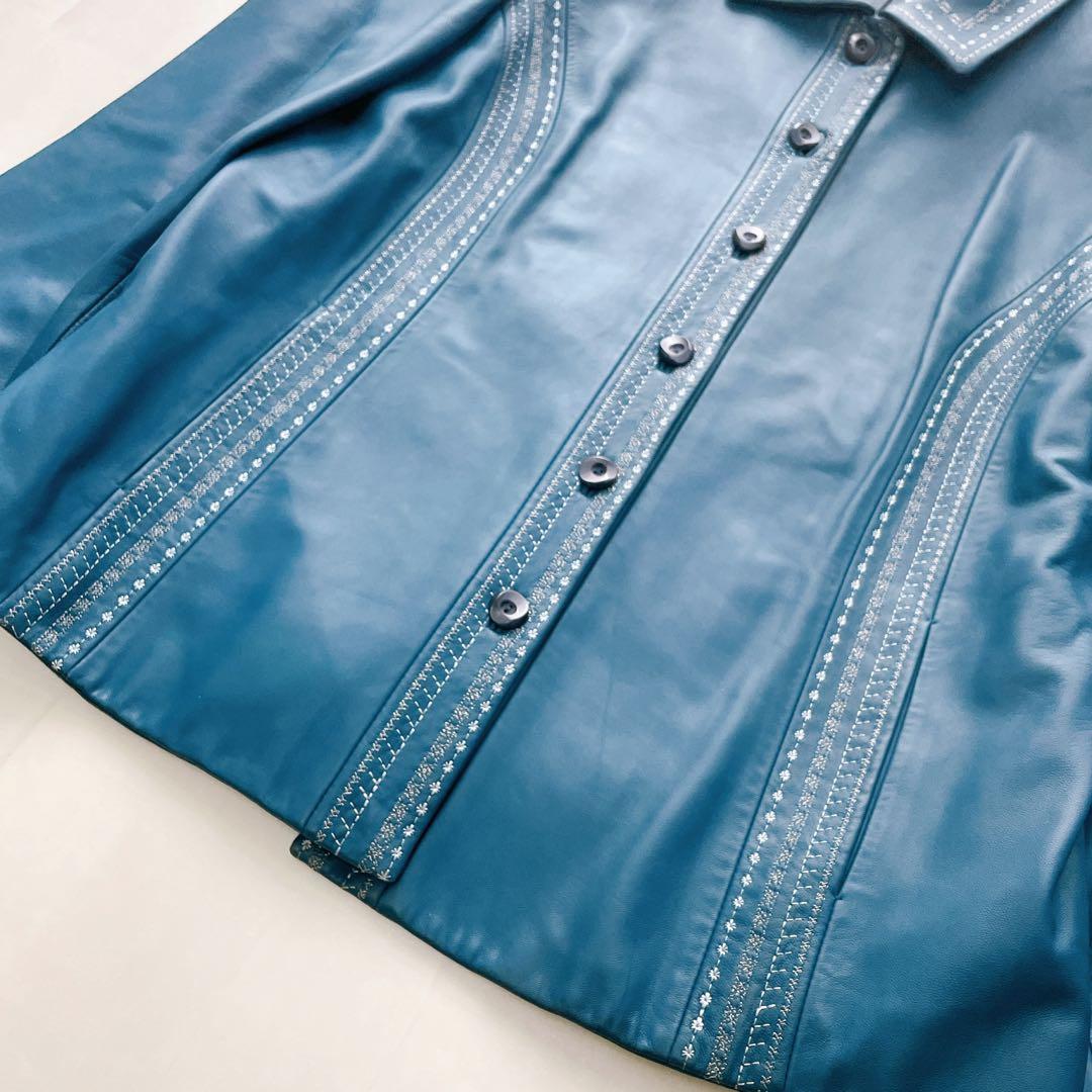 美品✨レリアン 羊革ジャケット 刺繍 13+ 大きいサイズ ブルー系