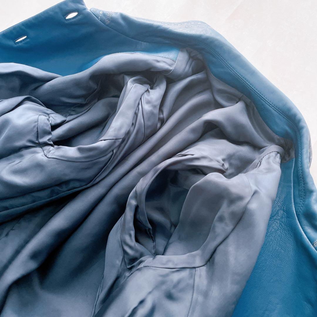 美品✨レリアン 羊革ジャケット 刺繍 13+ 大きいサイズ ブルー系