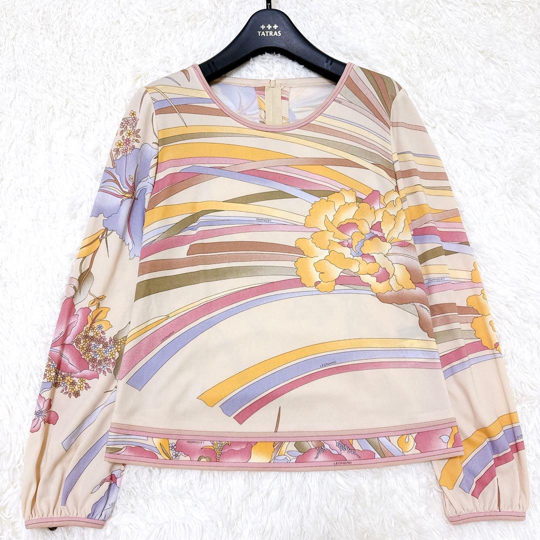 [美品] レオナール　高級✨カンカン　カットソー　花柄　トリム　ロゴボタン　L