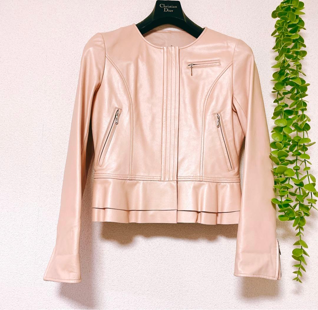 ★美品★バルマン　レザージャケット　ノーカラー　ペプラム　羊革 　9号(578)