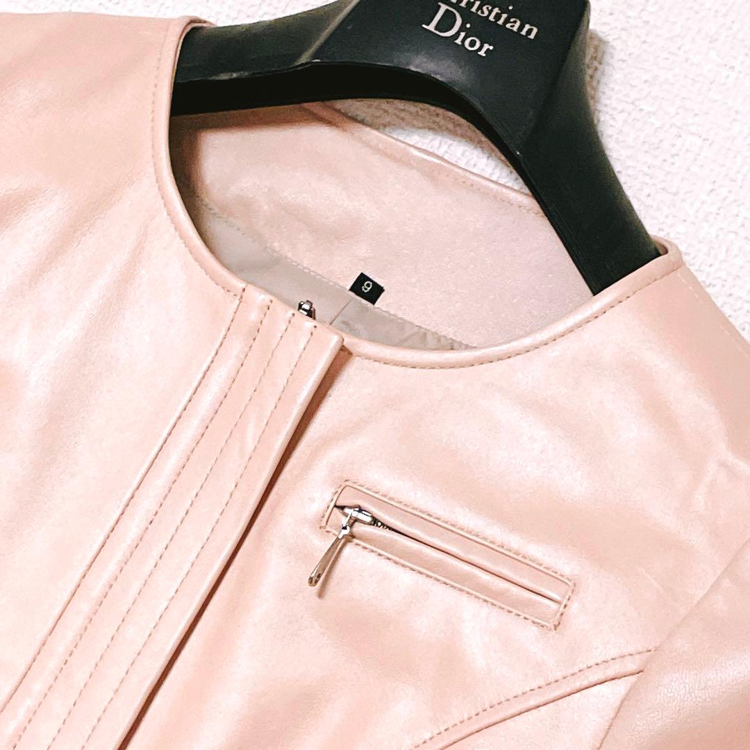 ★美品★バルマン　レザージャケット　ノーカラー　ペプラム　羊革 　9号(578)