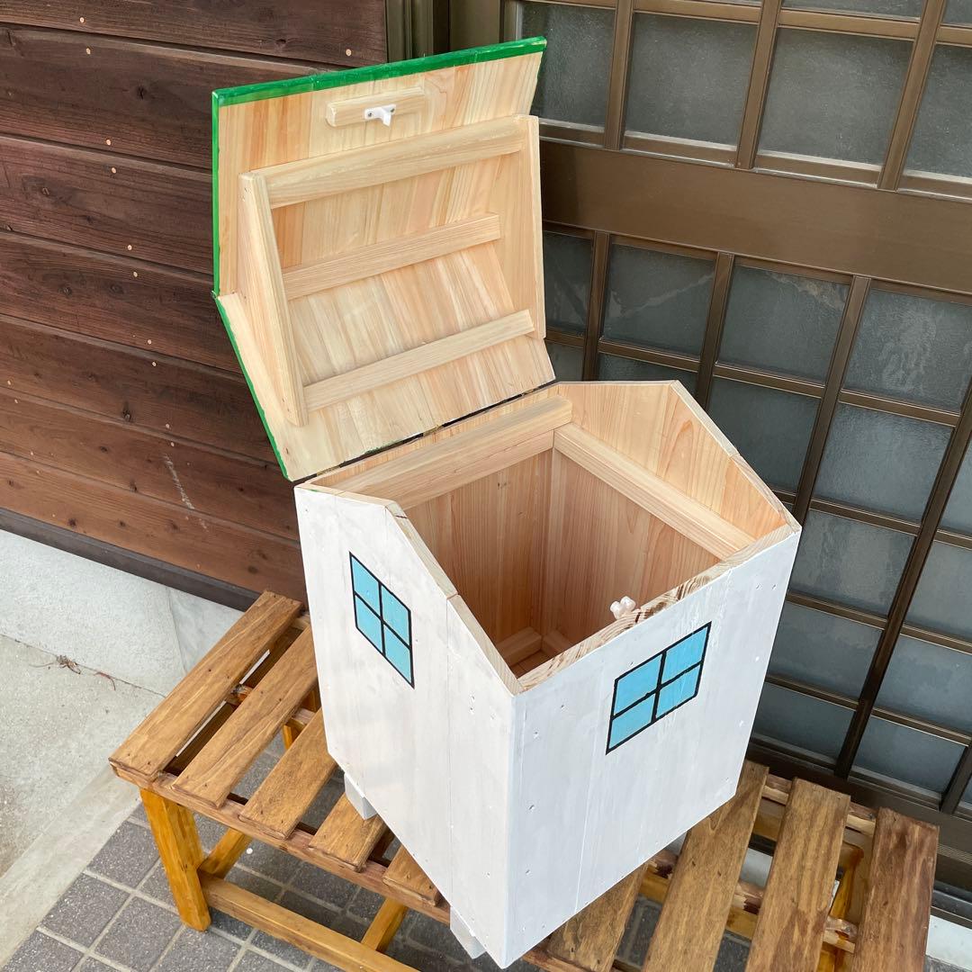 ハンドメイド、木製の家型ゴミ箱、ダスト収納BOX インテリア雑貨