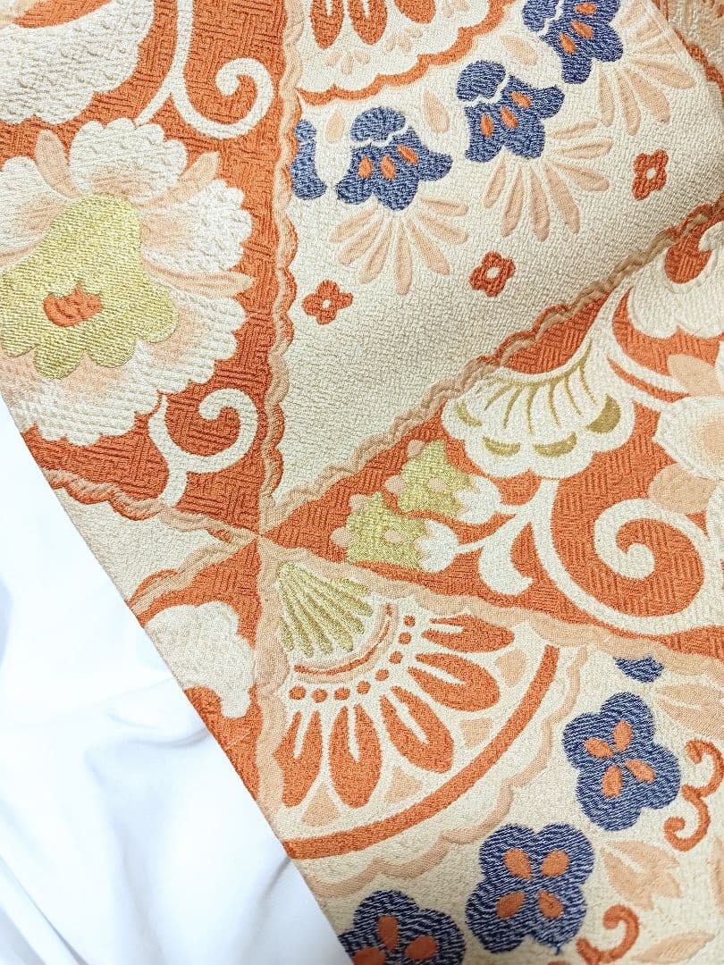 名古屋帯花柄レトロフラワーオレンジ金糸青色女和服ベージュクリーム色正絹着物帯和装