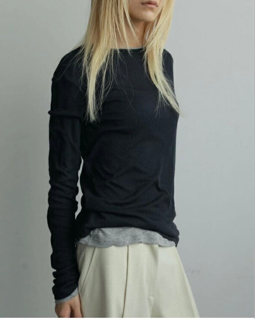 anuke アンヌーク レイヤードシアーロングTシャツ ネイビー