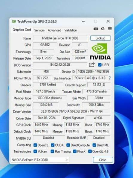 【動作確認済】MSI GeForce RTX3080 10GB