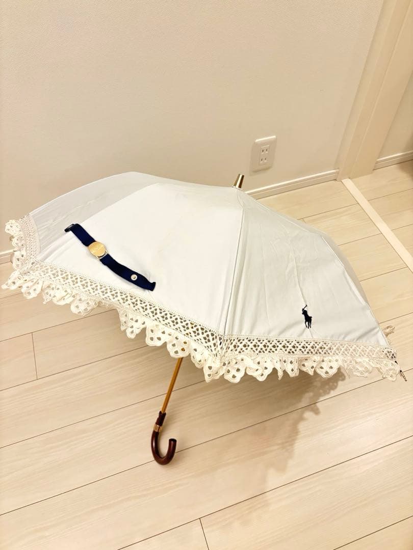 【美品】ラルフローレン 日傘 長傘 白 レース 刺繍 フリル 上品 晴雨兼用