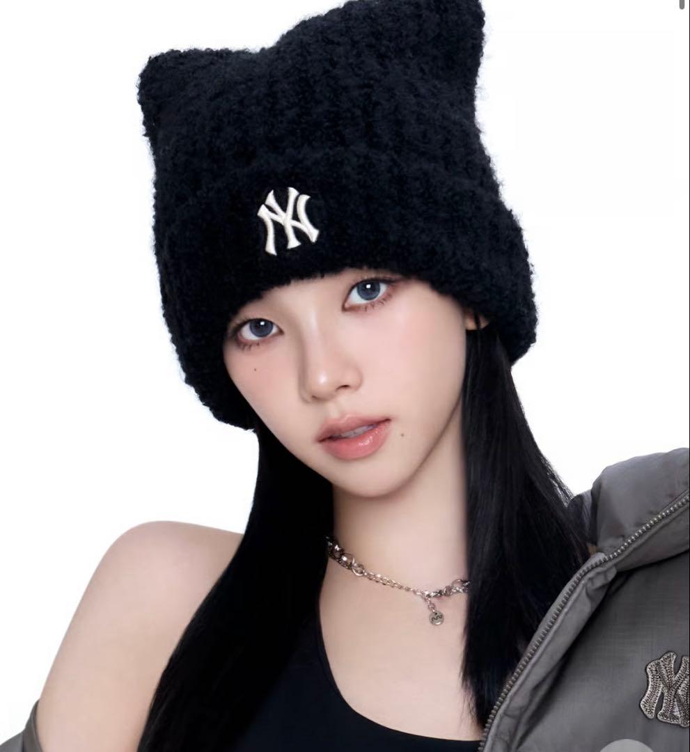 MLB 韓国限定　韓国　人気　aespa エスパ　カリナ　猫耳　ニット帽　黒