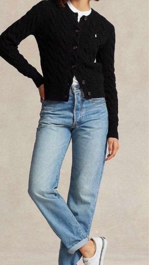 カシミヤ混　POLO ラルフローレン ケーブルニット カーディガン ブラック