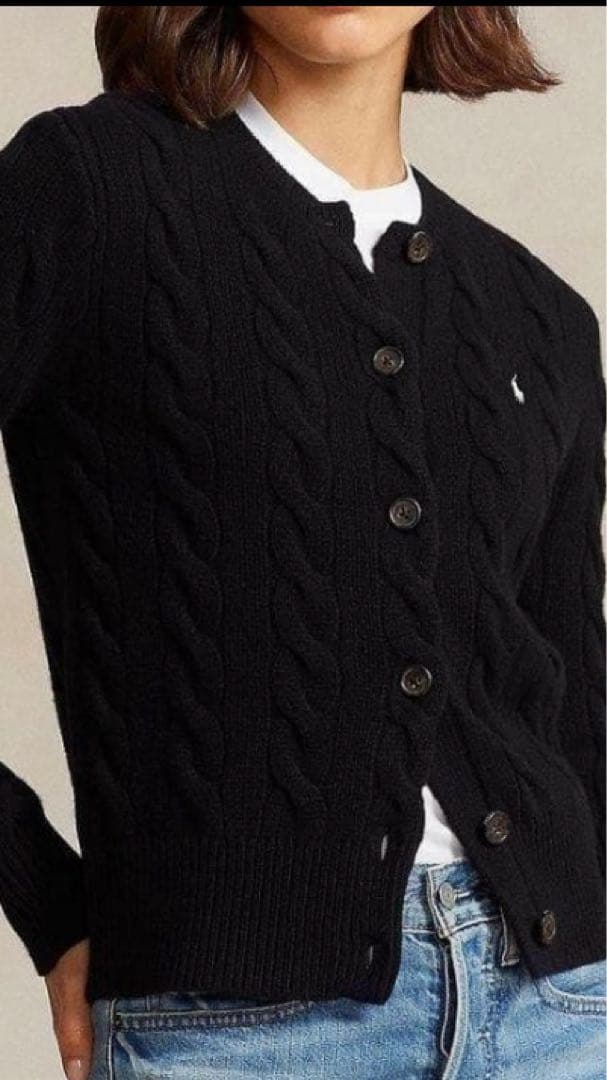 カシミヤ混　POLO ラルフローレン ケーブルニット カーディガン ブラック