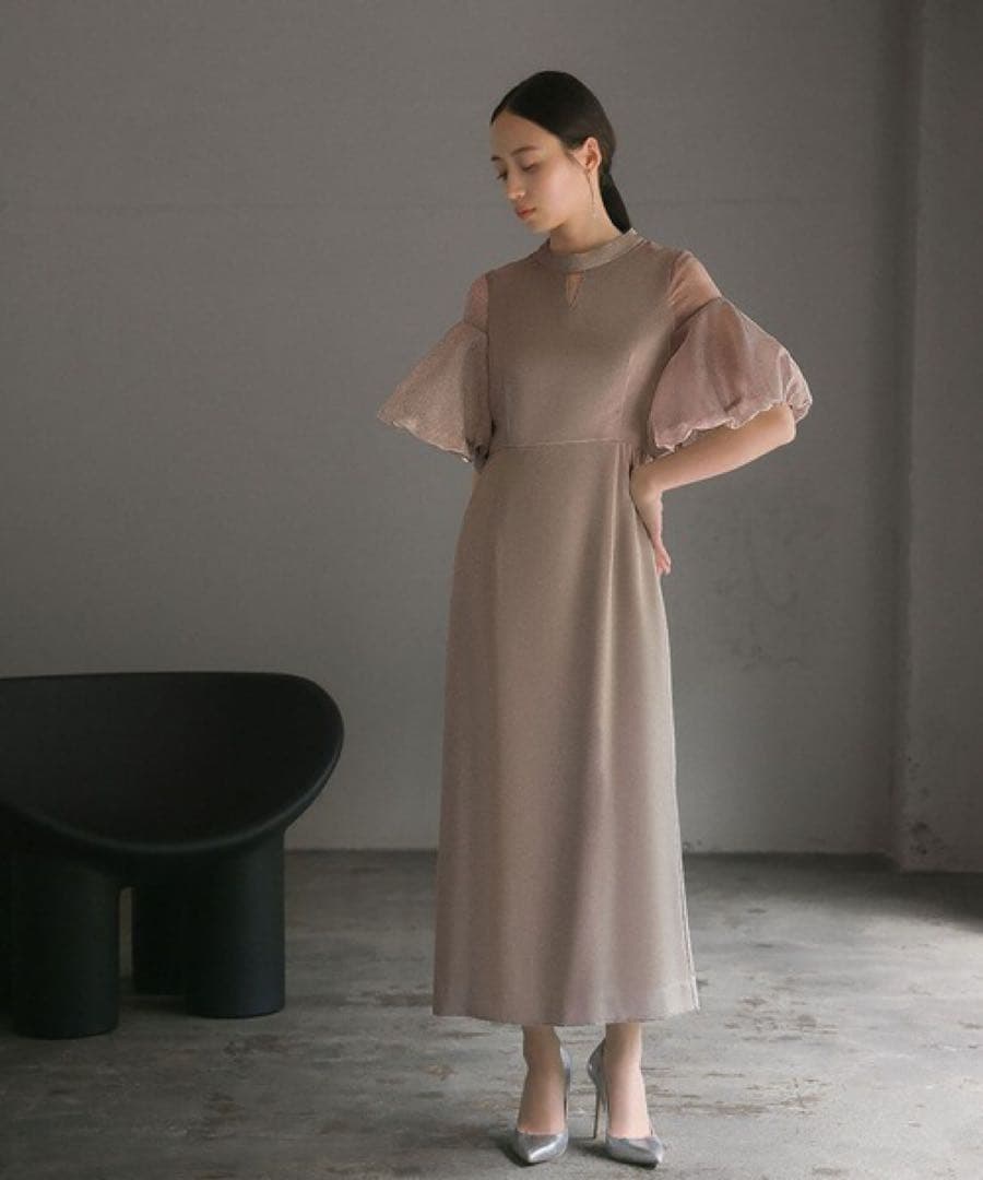 バルーン袖異素材ドッキング Iライン ロングワンピース　ドレス【GIRL】