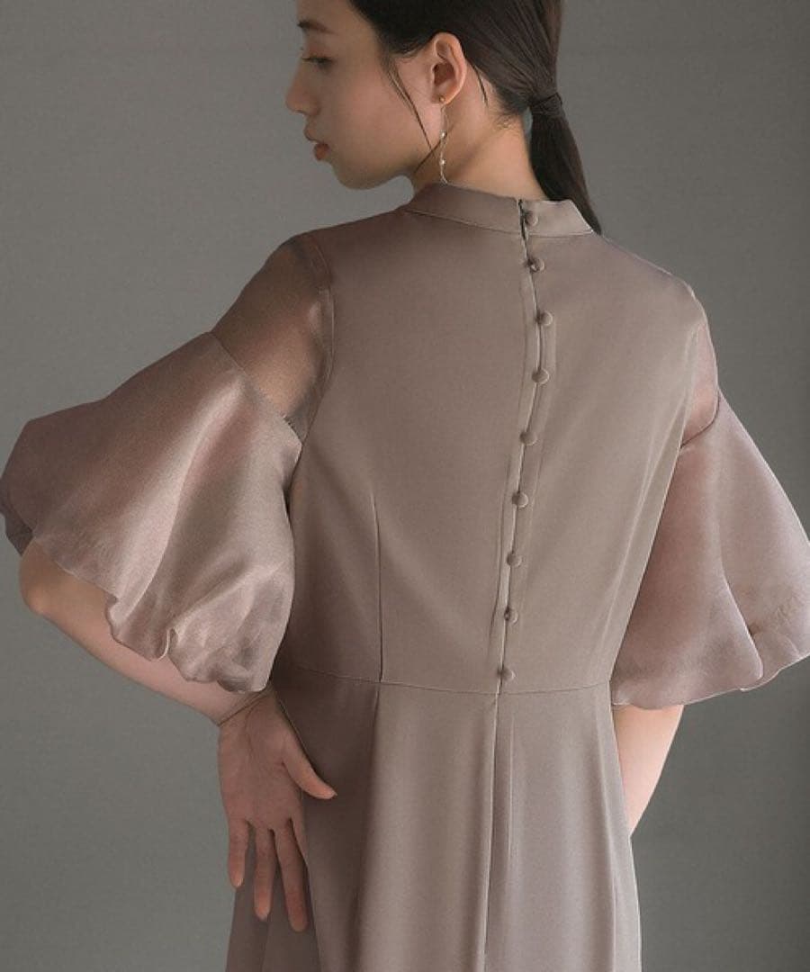 バルーン袖異素材ドッキング Iライン ロングワンピース　ドレス【GIRL】