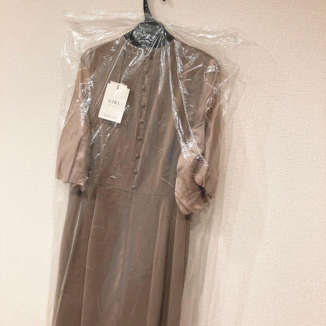 バルーン袖異素材ドッキング Iライン ロングワンピース　ドレス【GIRL】