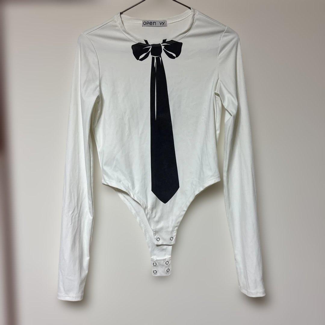 open yy ネクタイプリント 長袖ボディスーツ Sサイズ 韓国