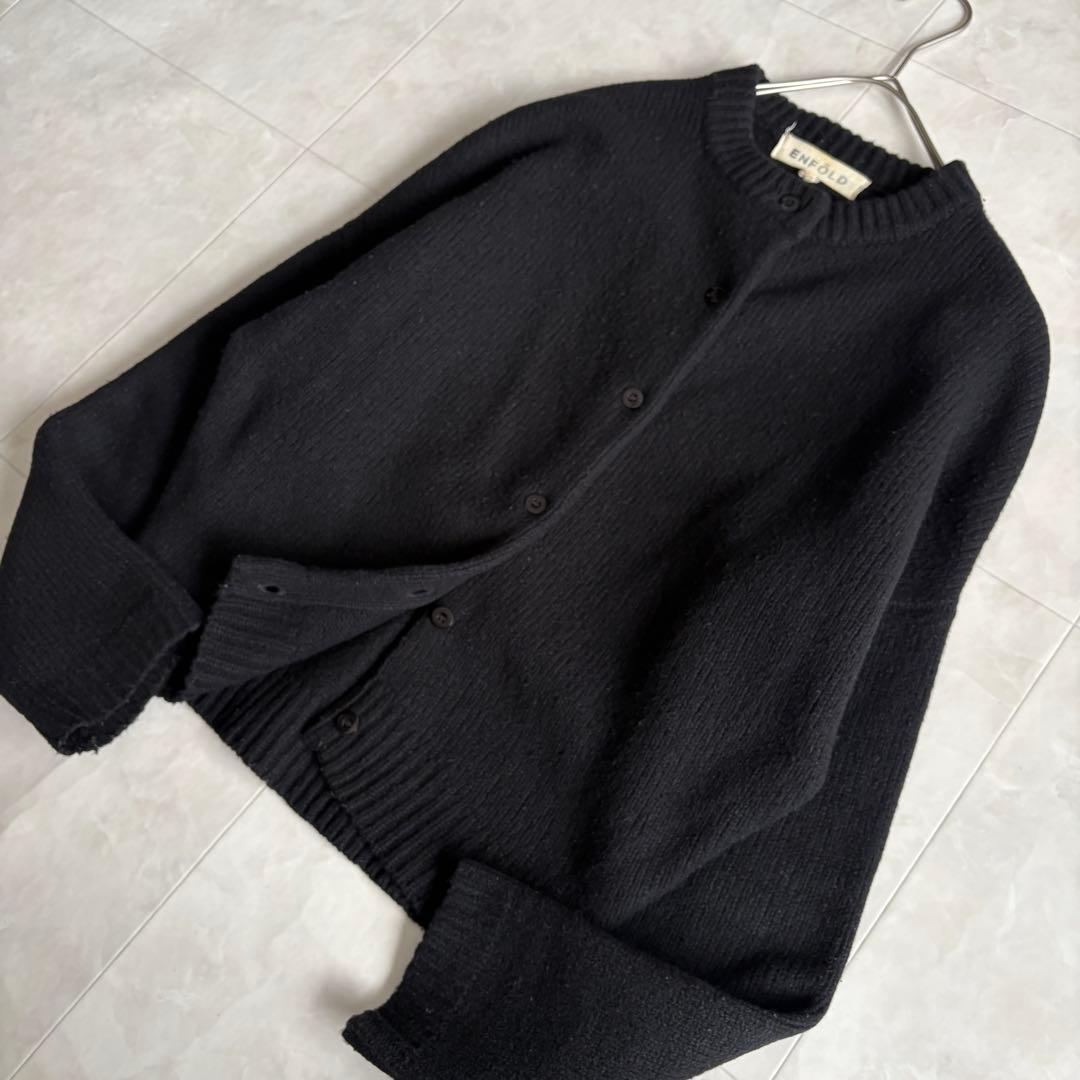 ENFOLD ウールナイロン クルーネックカーディガン 黒38 ショート丈