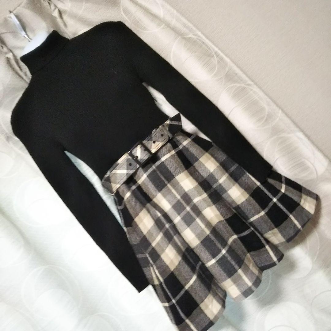 バーバリーブルーレーベル リブニットチェックスカートワンピース