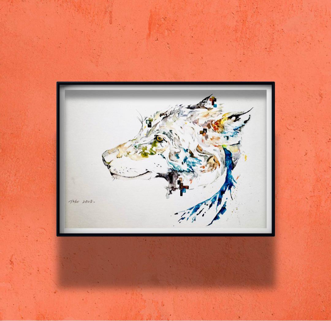 オオカミ 狼 原画 額装済み