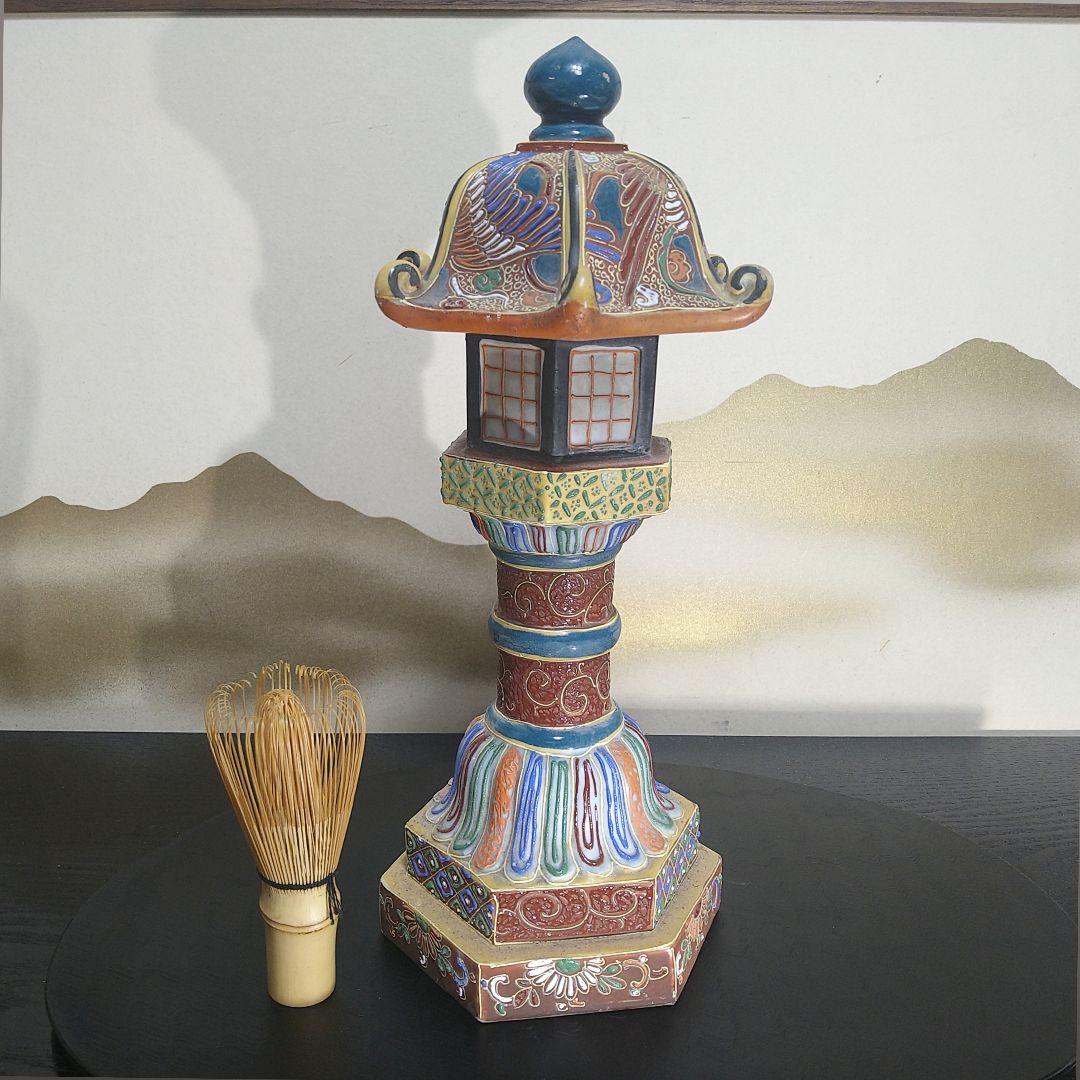 AG80 九谷焼 灯籠 草花図 色絵 六角屋根 時代物 置物 飾り物