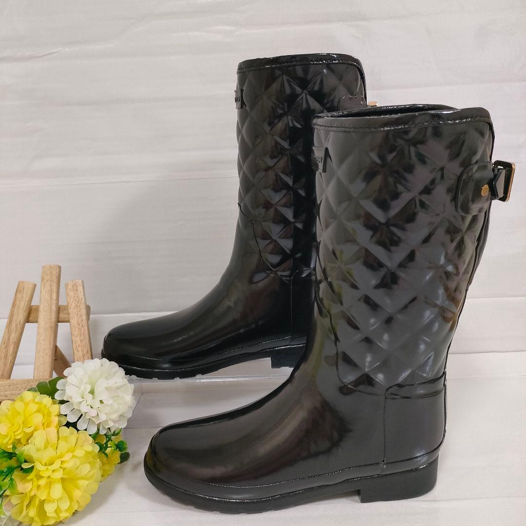 未使用級 HUNTER レインブーツ 金金具 リファインドグロスキルト UK6