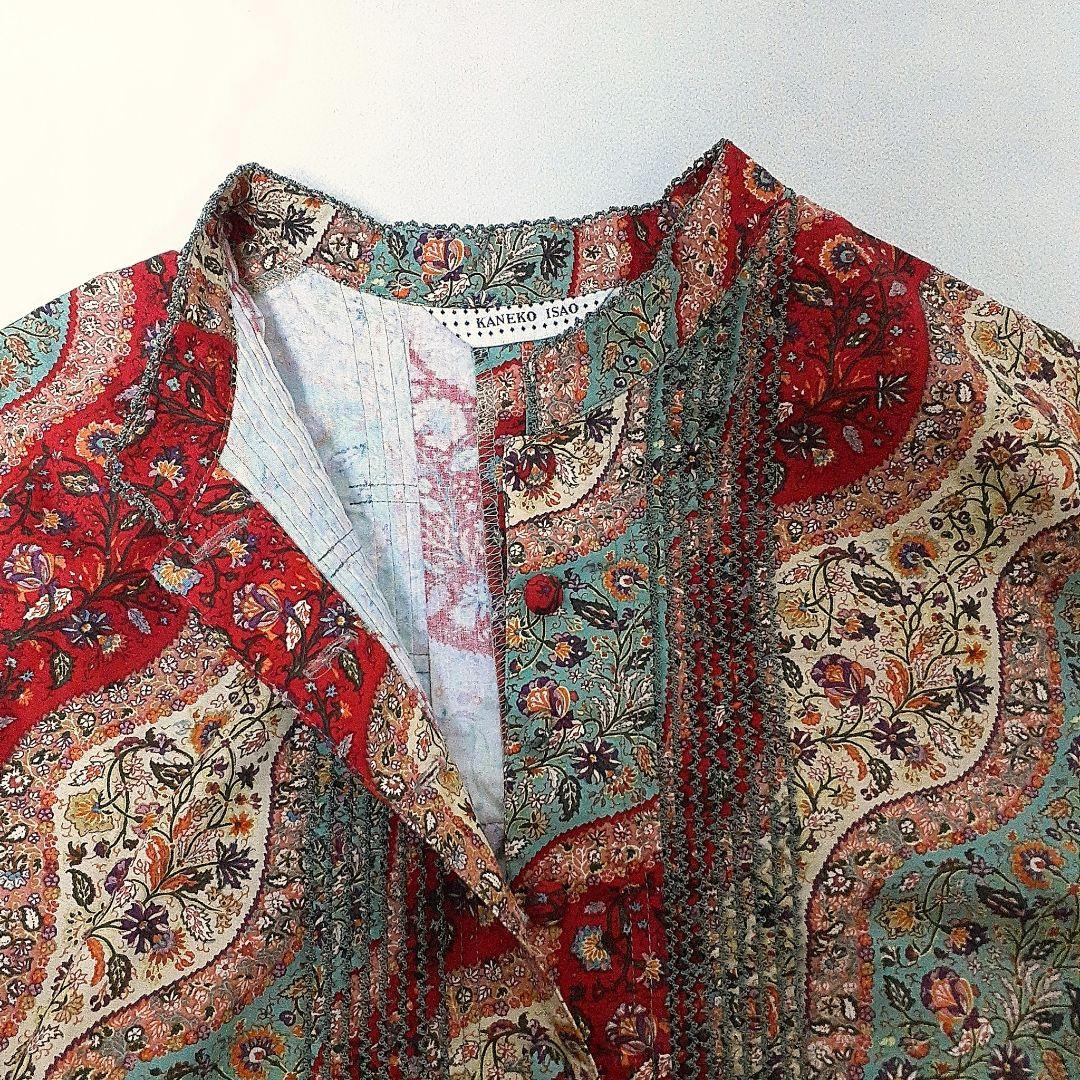 カネコイサオ くるみボタン シャツ ワンピース 花柄 ペイズリー ピンタック