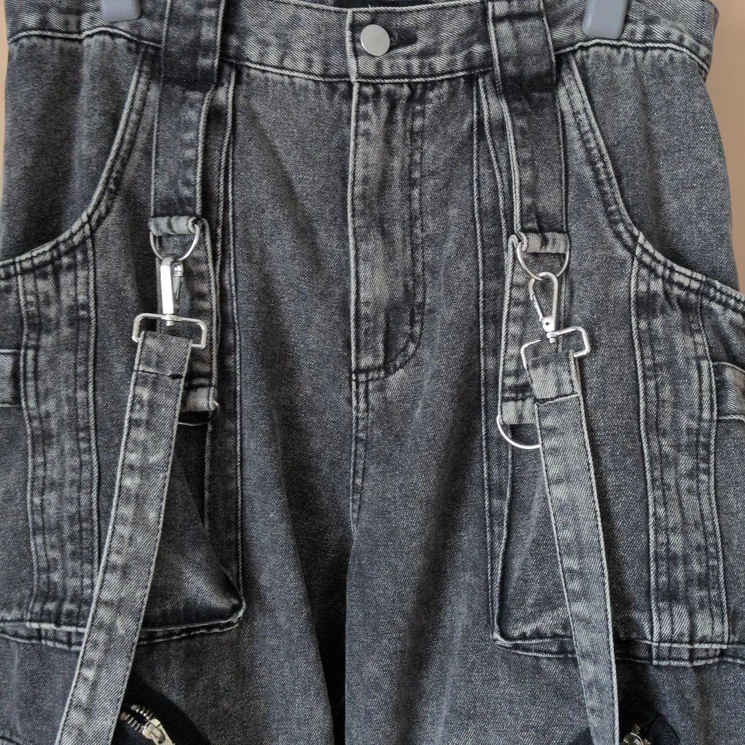 erar 3wayルーズシルエットハイギミックサスペンダーカーゴデニムパンツ 黒