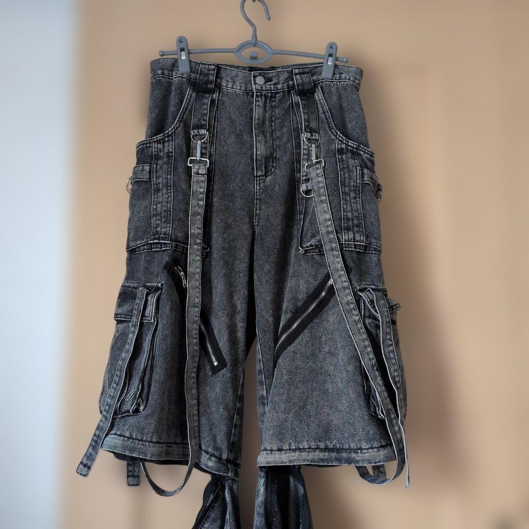 erar 3wayルーズシルエットハイギミックサスペンダーカーゴデニムパンツ 黒